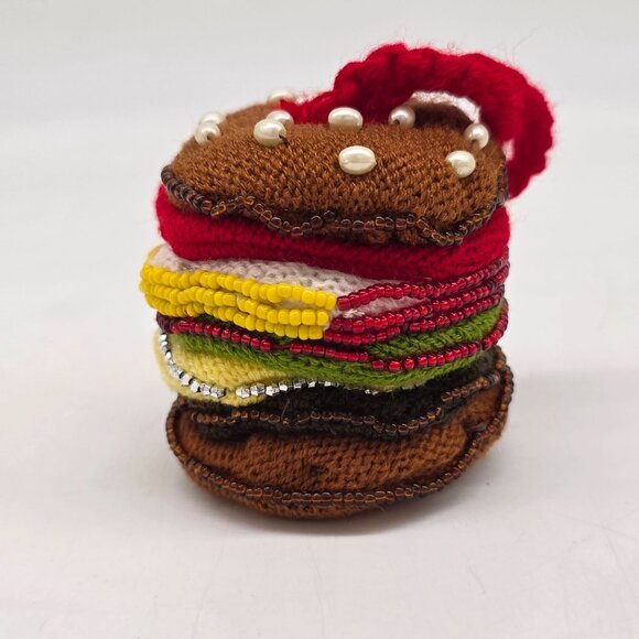 Crochet Knitted Beaded Hamburger Ornament Colorful Layers & Pearl Accents - Picture 3 of 6